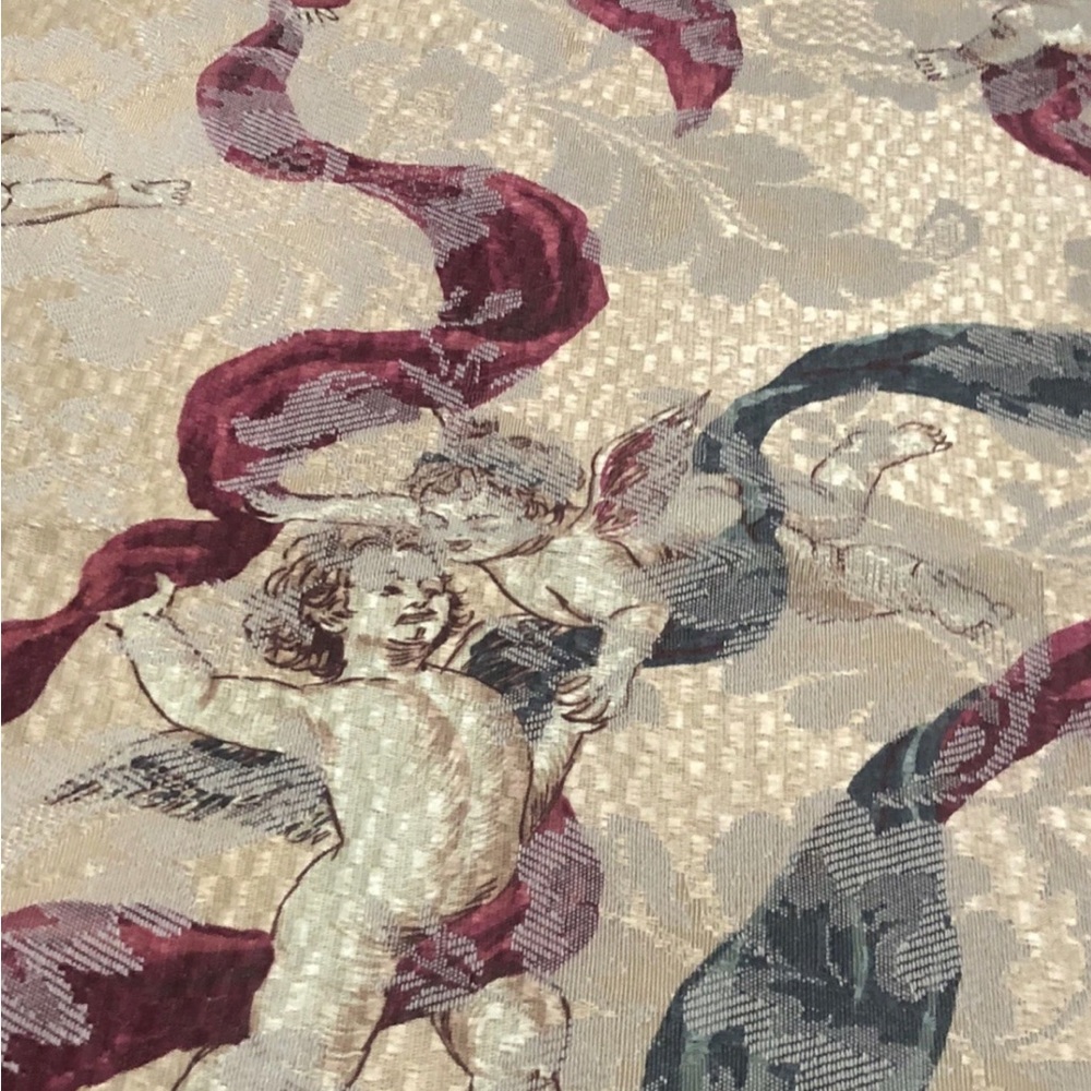 Vtg Cherub Damask Jacquard Tablecloth And 4 Napkins Red Green Ribbon Christmas